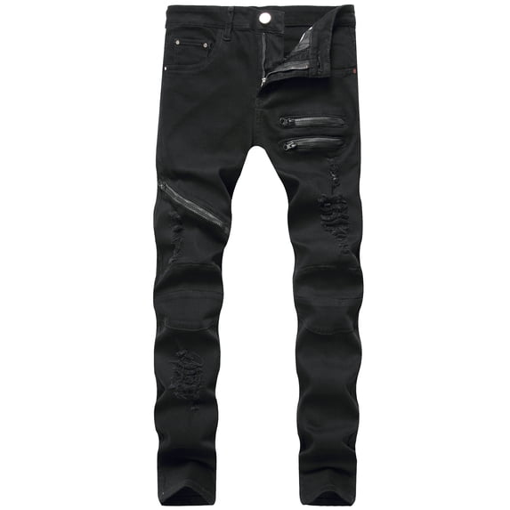 CHERALKEST Men's Skinny Destroyed Ripped Stretchy Ripped Jeans Zipper Slim Fit Denim Jeans
