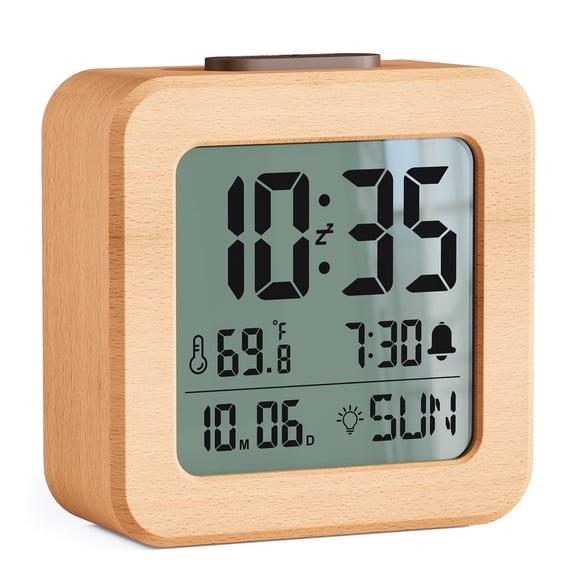 CHEREEKI Alarm Clocks for Bedroom, Wooden Digital Clock Battery Operated with Temperature, Automatic Light Sensor, Date & Day of the Week Display Loud Alarm for Heavy Sleepers