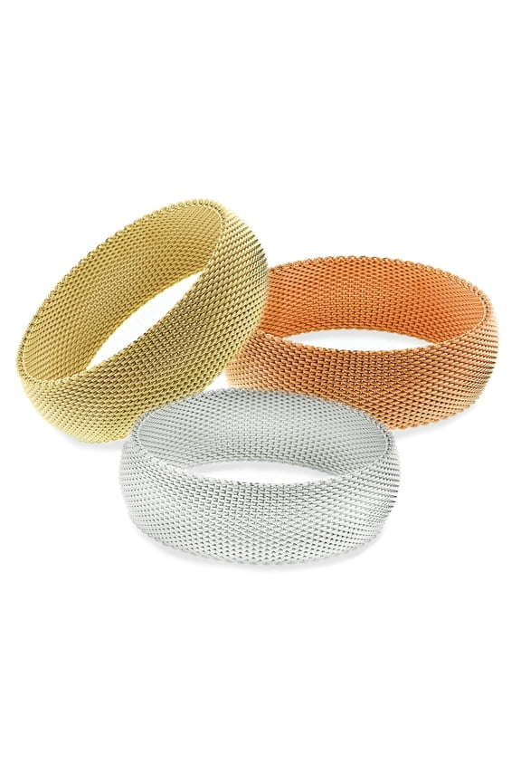 CHERISH Mesh Bangle Trio Of Gold Rose Gold Silver In 3 Sizes