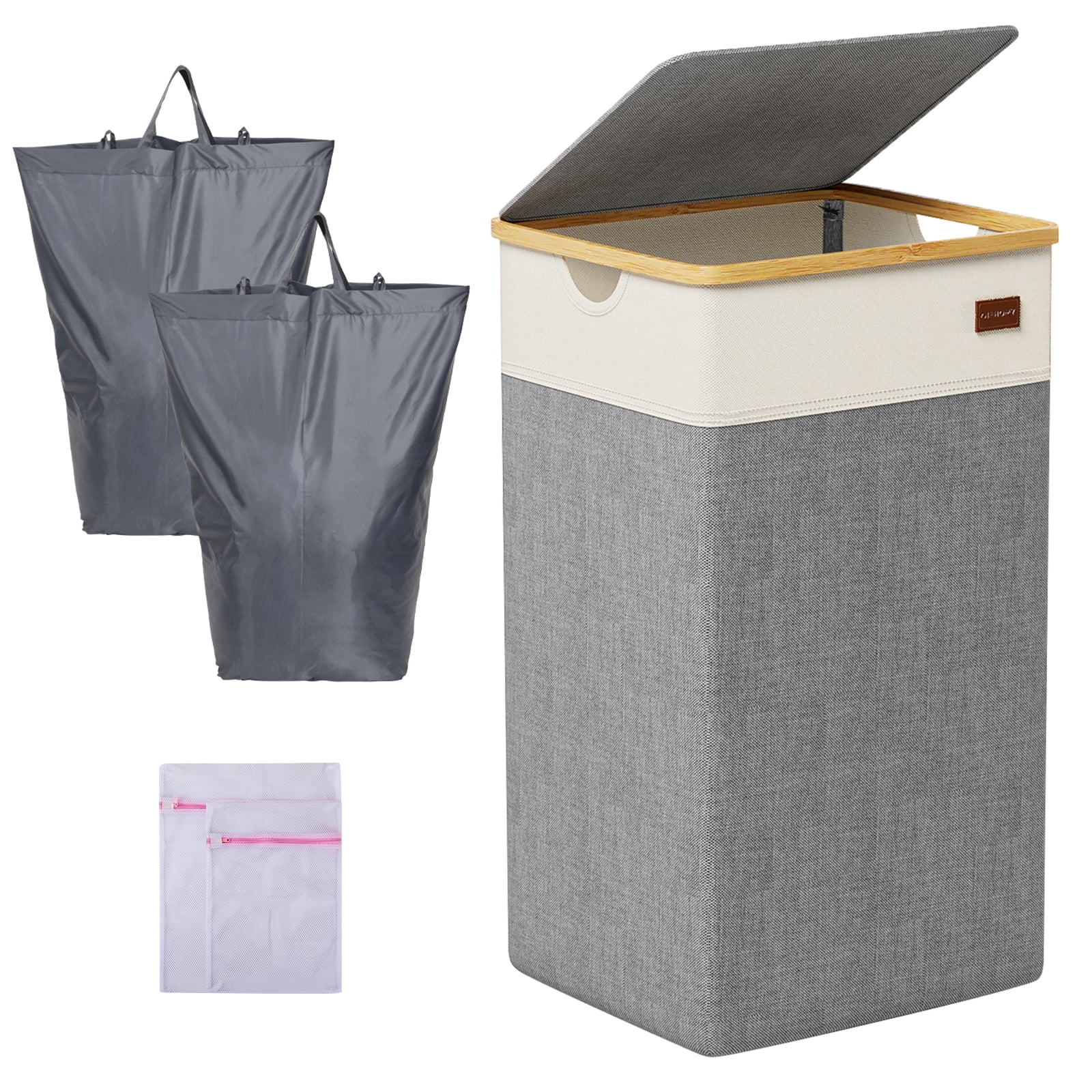 CHERISHGARD 100L laundry hamper with lid, Tall Laundry Basket with Bamboo Handles, Freestanding Collapsible Clothes Hamper with Inner Bag