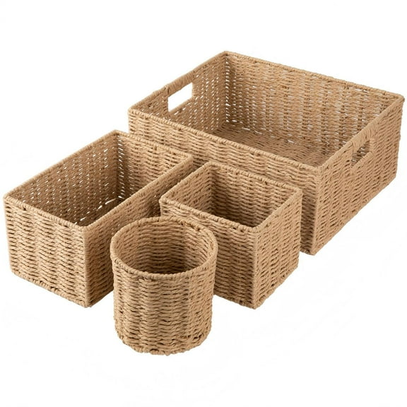 CHERISHGARD 18L Nested Set of 4 Handwoven Synthetic Rattan-like Storage Basket for Clothes, Toys in Bathroom, Bedroom,Nursery,14.5*12.2*6.3 inch