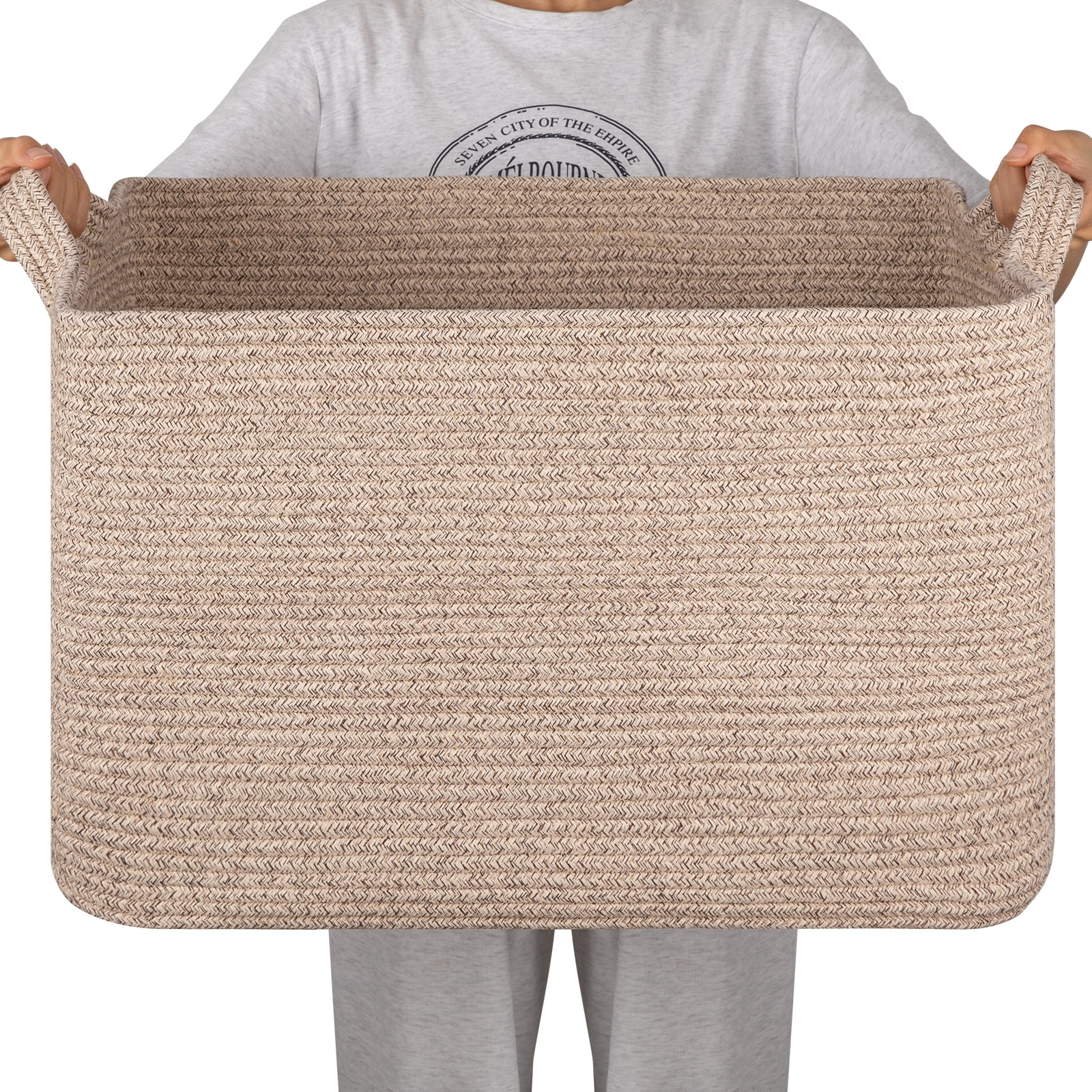 CHERISHGARD 90L Large Laundry Basket, Rectangle Cotton Rope Storage Baskets, Cotton Rope Basket with Handles