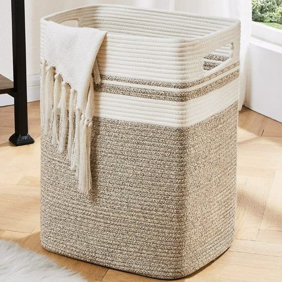 CHERISHGARD Cotton Laundry Basket 16x13x22 Woven Rope Laundry Hamper Large & Height Storage Laundry Basket