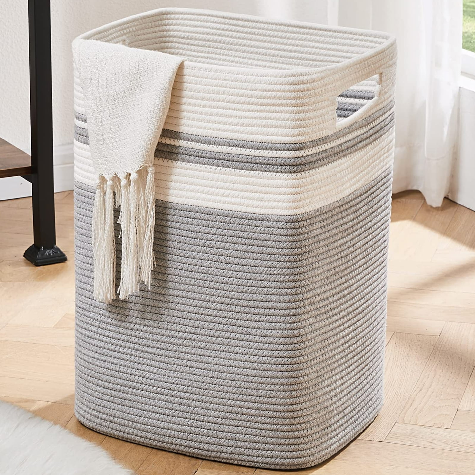 CHERISHGARD Cotton Laundry Basket 16x13x22 Woven Rope Hamper