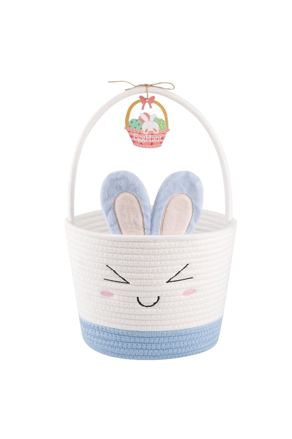 Easter Cute Bunny Baskets for Kids Egg Hunt，Basktes with Bunny Ears，Small Woven Rope Baskets for Organizing, 8L