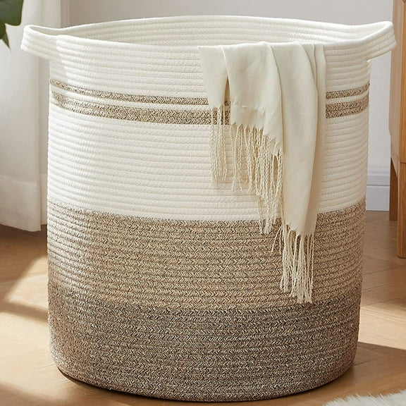 CHERISHGARD Large Laundry Basket， Cotton Rope Storage Basket, Woven Blanket Basket Living Room， Large Kids Toy Storage Organizer Bins
