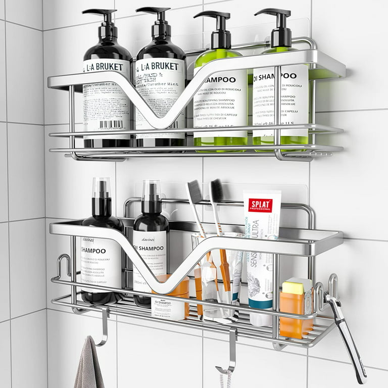 Cherishgard Shower Caddies 2 Pack - No Drilling Adhesive Shower Organizer with Hooks, Rustproof SUS304 Stainless Steel Bathroom Shower Shelf, Shower