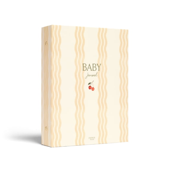 PAPIER TO GO Guided Baby Journal, Hardcover Binder Folio, 7.1 x 10", Cherry Stipe Print Yellow