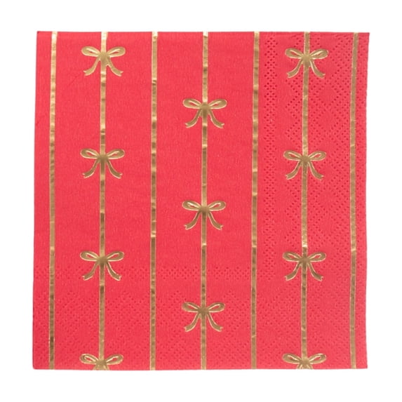 Bonjour Fête Red and Gold Bow Cocktail Paper Napkins, Disposable Party Supplies, 20 Count, Small, Beverage Size, Valentines, Christmas, 4th of July