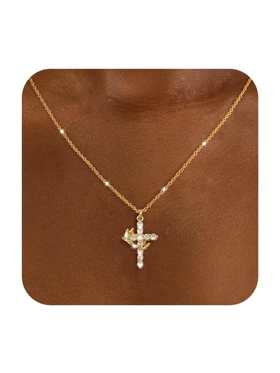 Diamond Crown Cross AIF4Necklace for Women- Dainty 14K Gold Plated Cubic Zirconia Cross Pendant Necklaces Simple Small Gold Cross Necklace Cute Necklaces for Women Trendy Jewelry Gifts
