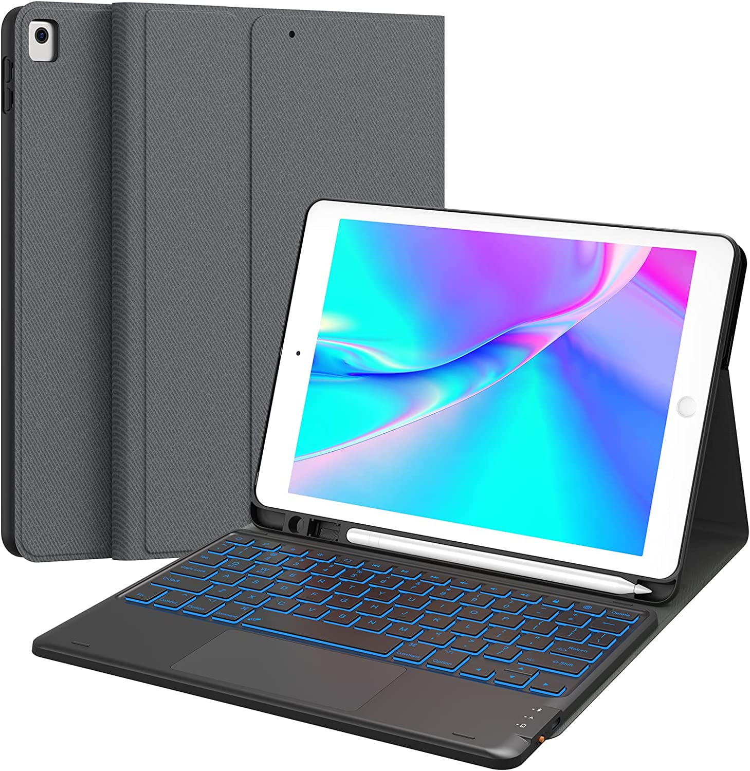 CHESONA Keyboard Case Compatible with iPad 10.2" 9th 8th 7th Generation, 7-Color Backlit, Smart Touchpad, 2 Bluetooth Channels, Grey