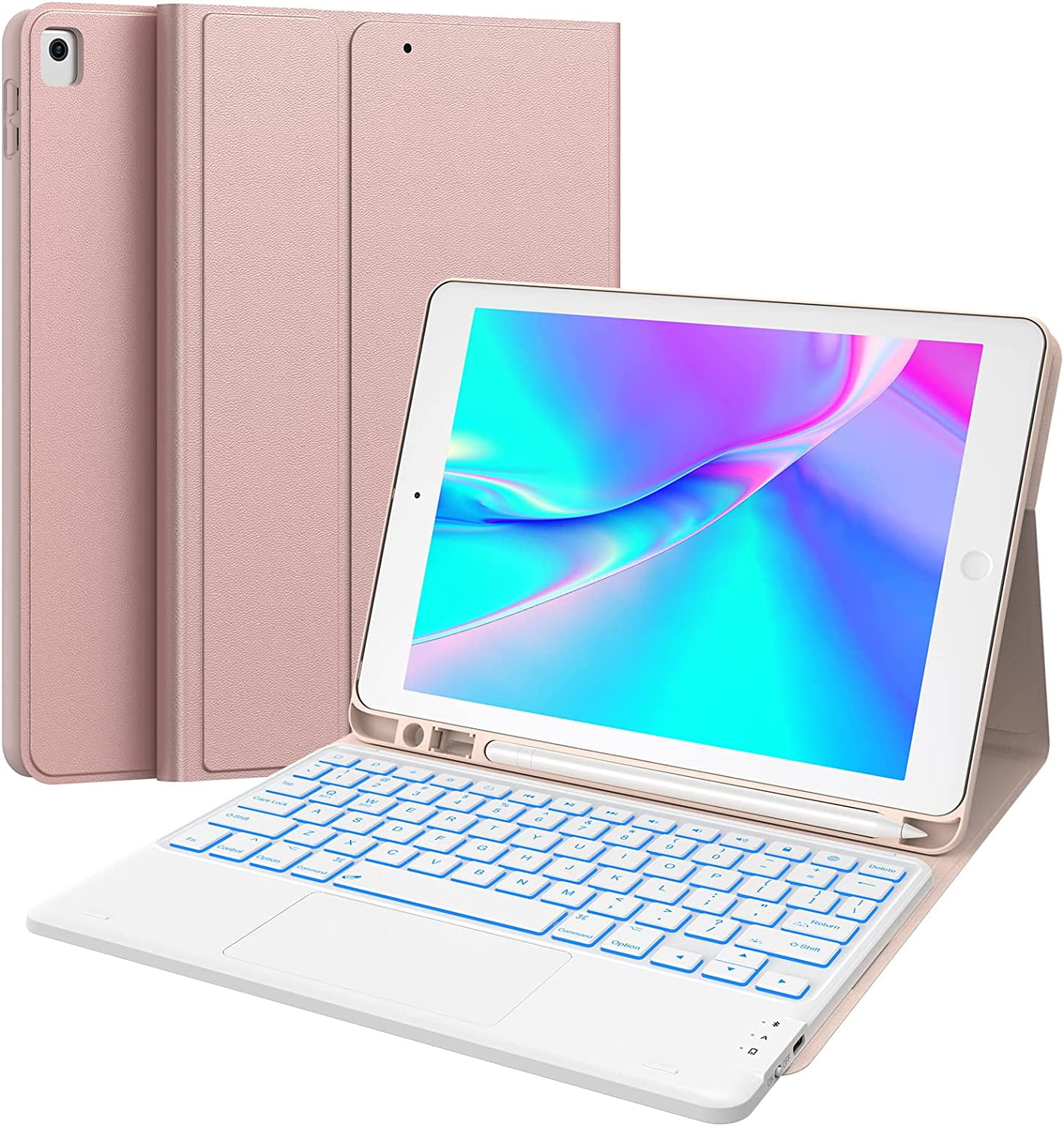 CHESONA Keyboard Case Compatible with iPad 10.2" 9th 8th 7th Generation, 7-Color Backlit, Smart Touchpad, 2 Bluetooth Channels, Rose Gold
