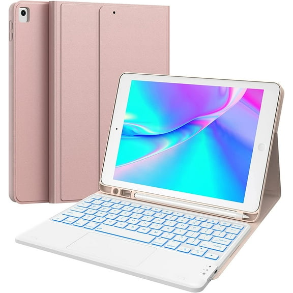 CHESONA Keyboard Case Compatible with iPad 10.2" 9th 8th 7th Generation, 7-Color Backlit, Smart Touchpad, 2 Bluetooth Channels, Rose Gold