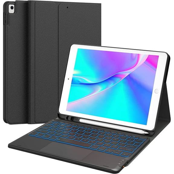 CHESONA Keyboard Case Compatible with iPad 9th/ 8th/ 7th Generation, 7-Color Backlit, Smart Touchpad, 2 Bluetooth Channels, Black