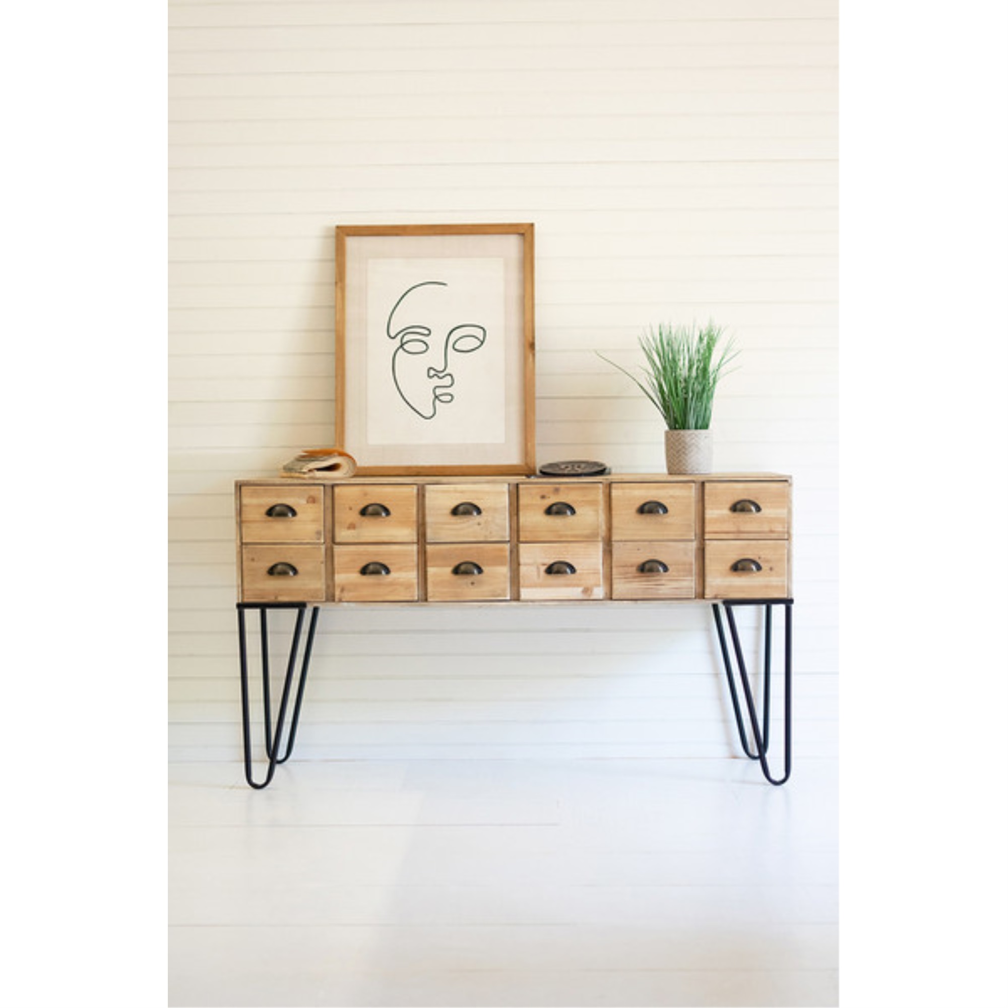 CHEST OF TWELVE WOODEN DRAWERS WITH METAL LEGS