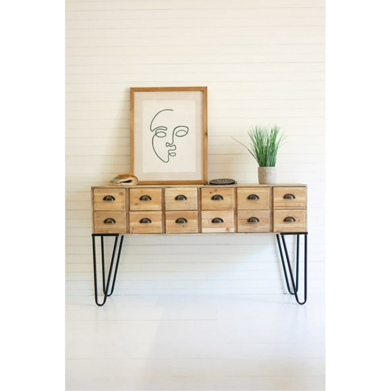 CHEST OF TWELVE WOODEN DRAWERS WITH METAL LEGS