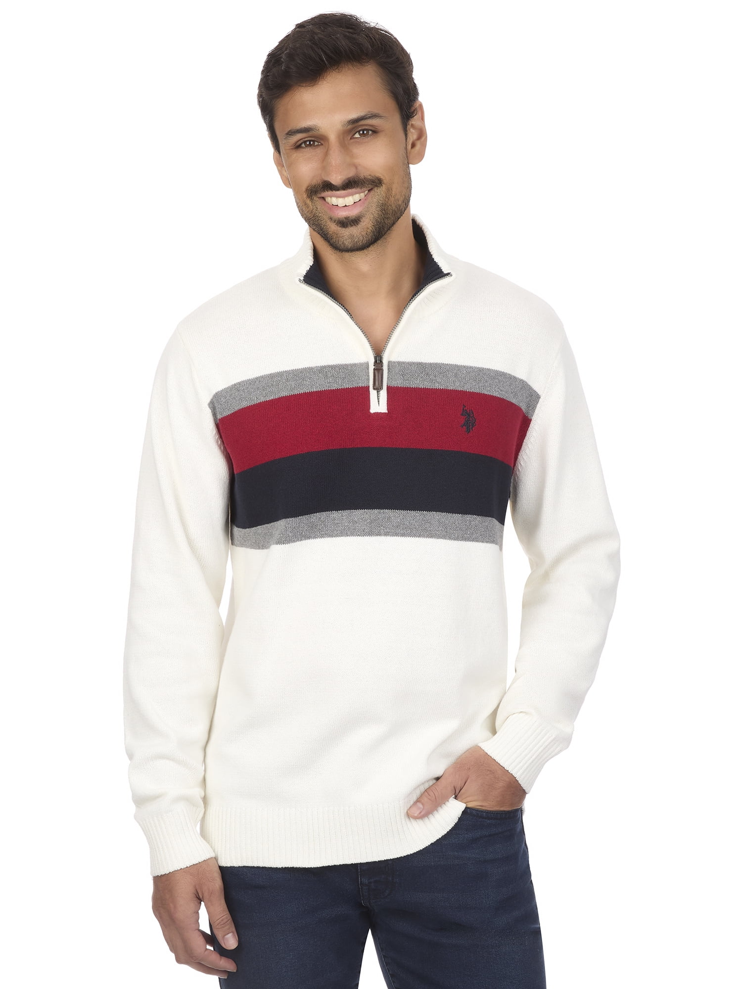 U.S. Polo Assn Men's Chest Striped Quarter Zip Sweater - Walmart.com