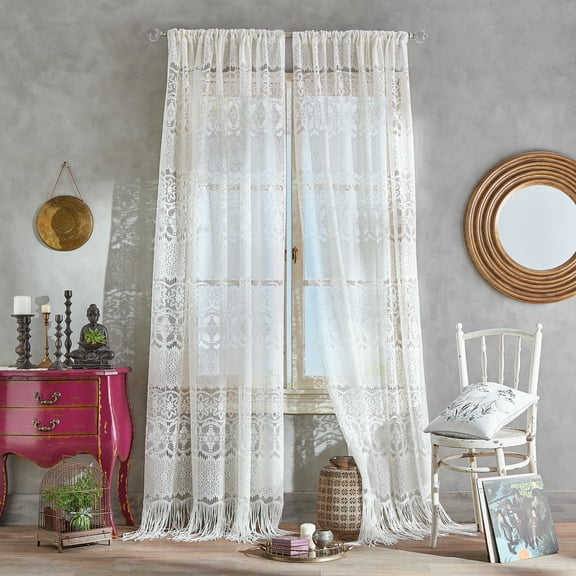 CHF Boho Lace Curtain Sheer Single Panel, Indoor Rod Pocket, Polyester, 60"W x 84"L, Ivory, Adult, Teens