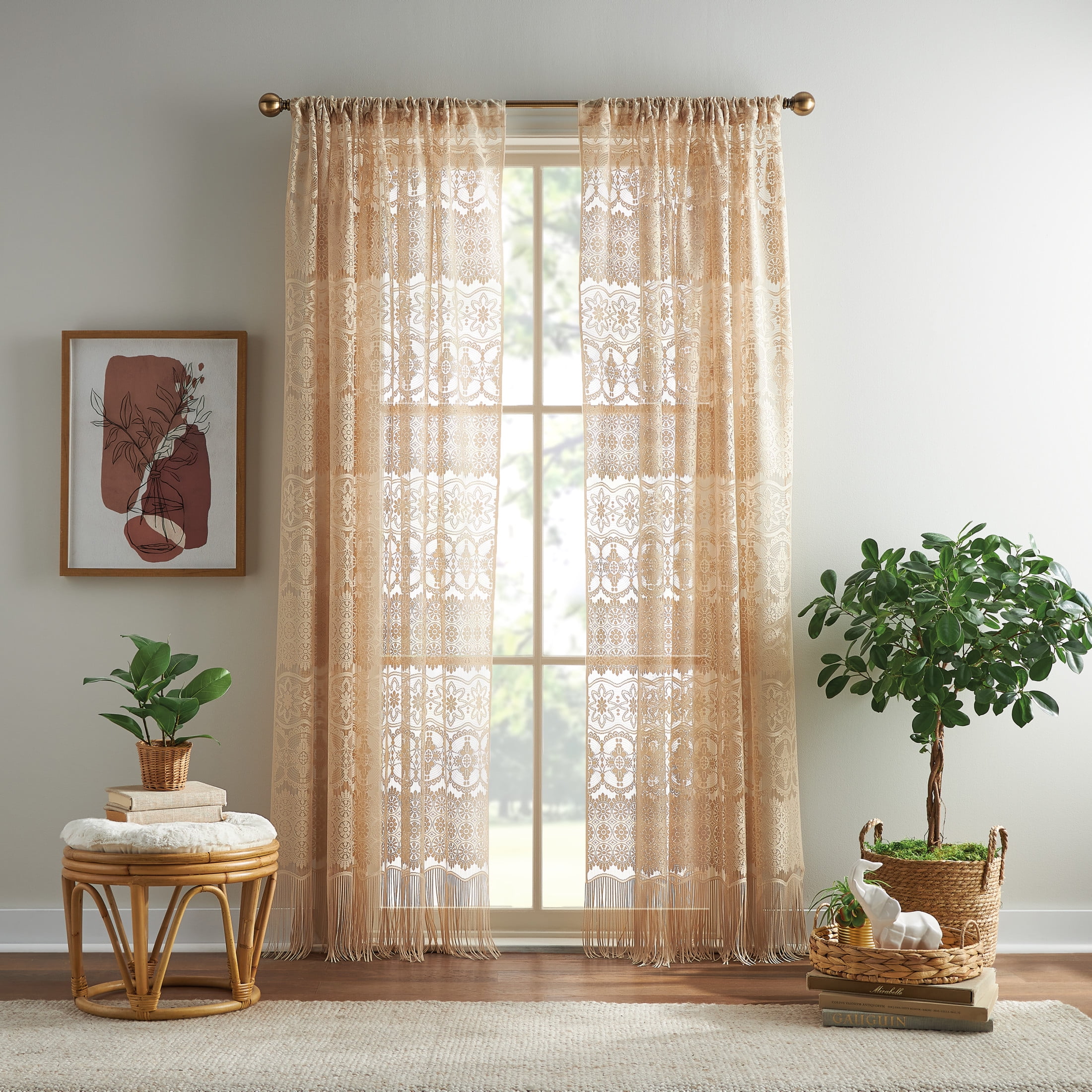 Almond Sheer Lace Rod Pocket Window Panel with Fringe Hem