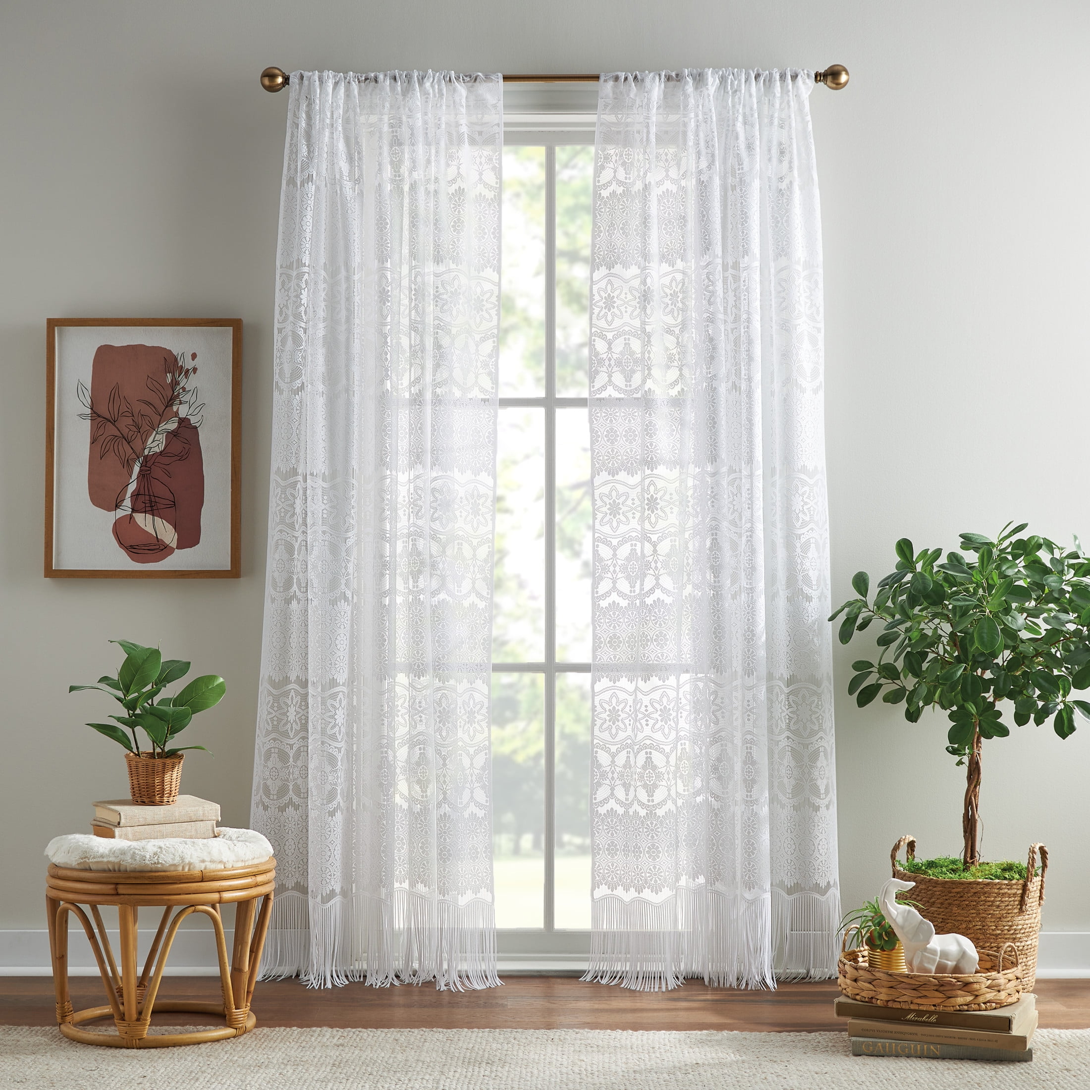 CHF Boho Lace Sheer Single Poletop Panel, White, 60" x 108", Adult, Teens