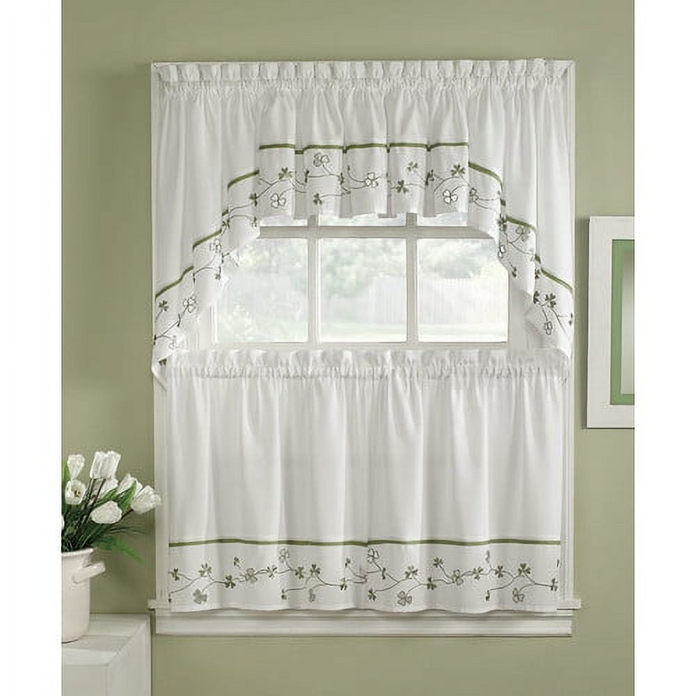 White and Green Embroidered Clover Kitchen Curtain Set, 24 inch