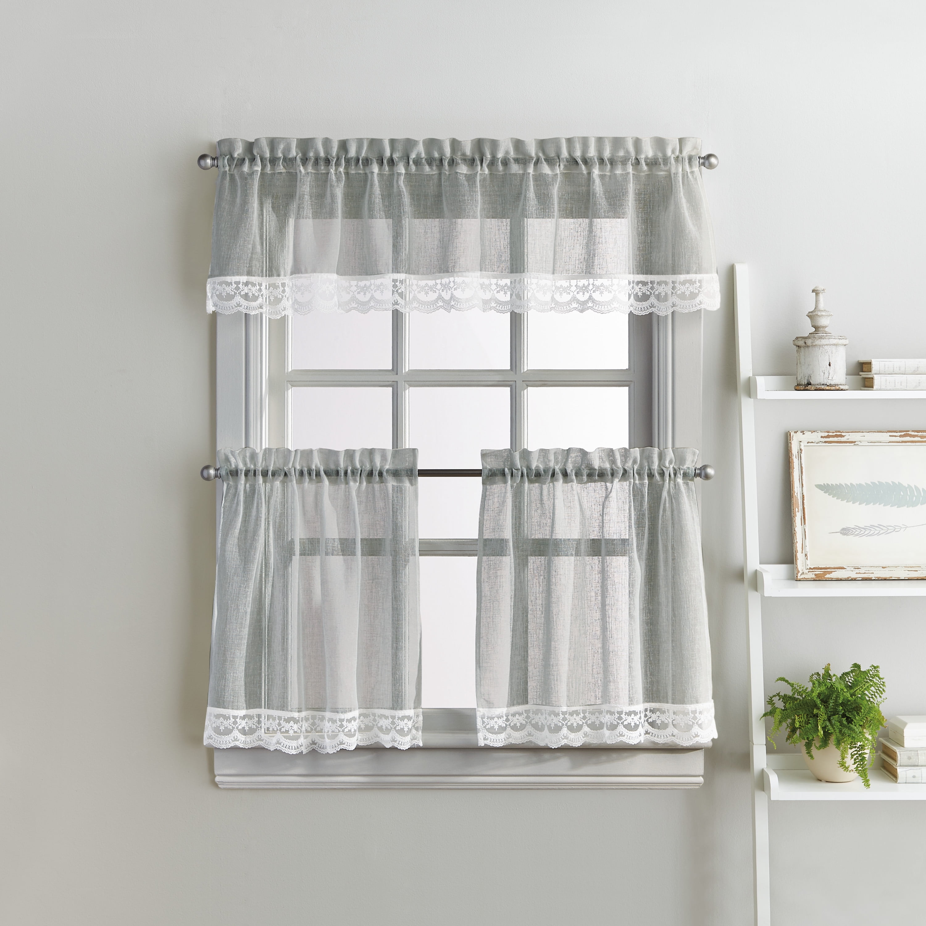 CHF Delicate Lace Valance & Tier Set Grey, 55" x 36", Adult