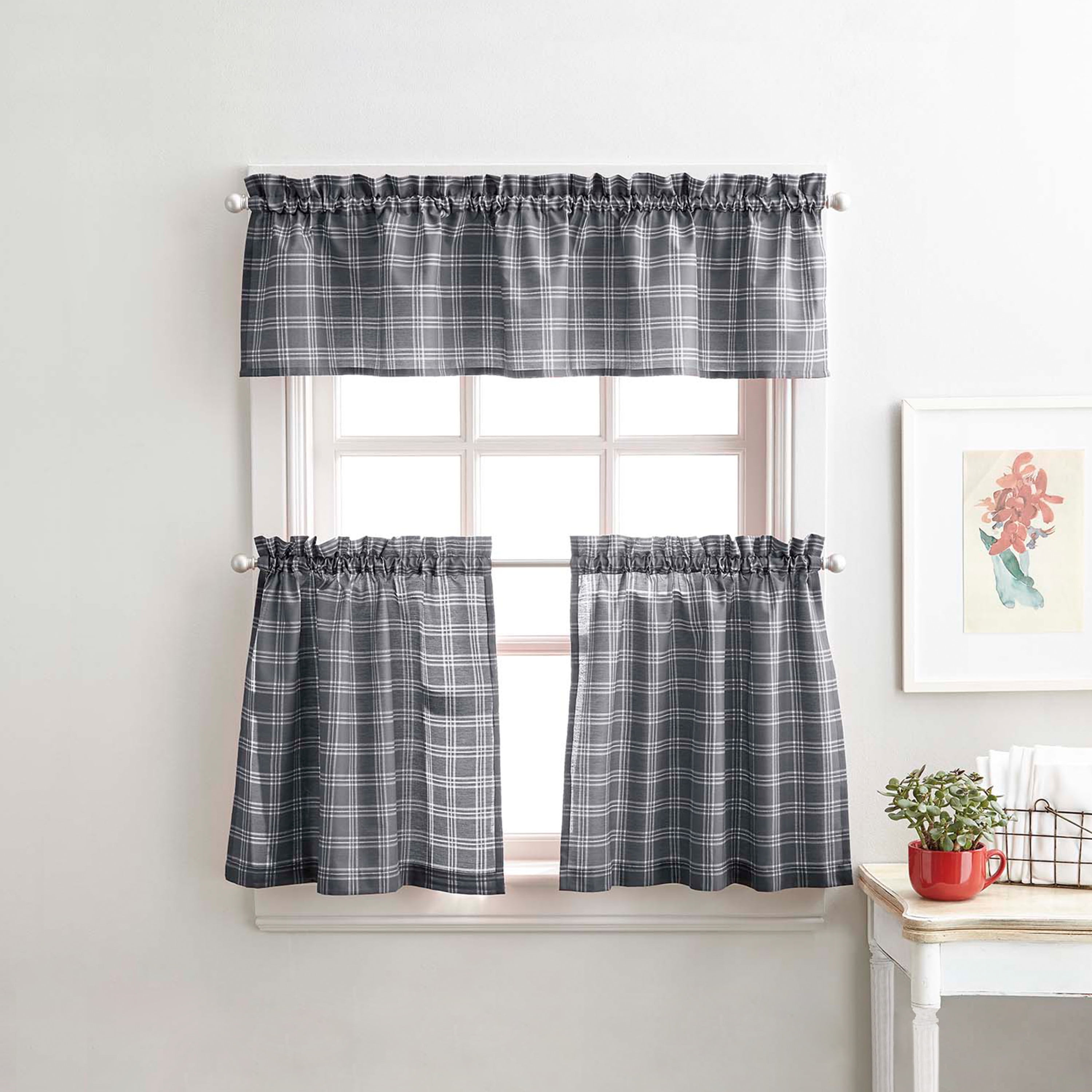 Gray Plaid Cotton Polyester Kitchen Tier Curtains, 36" Length