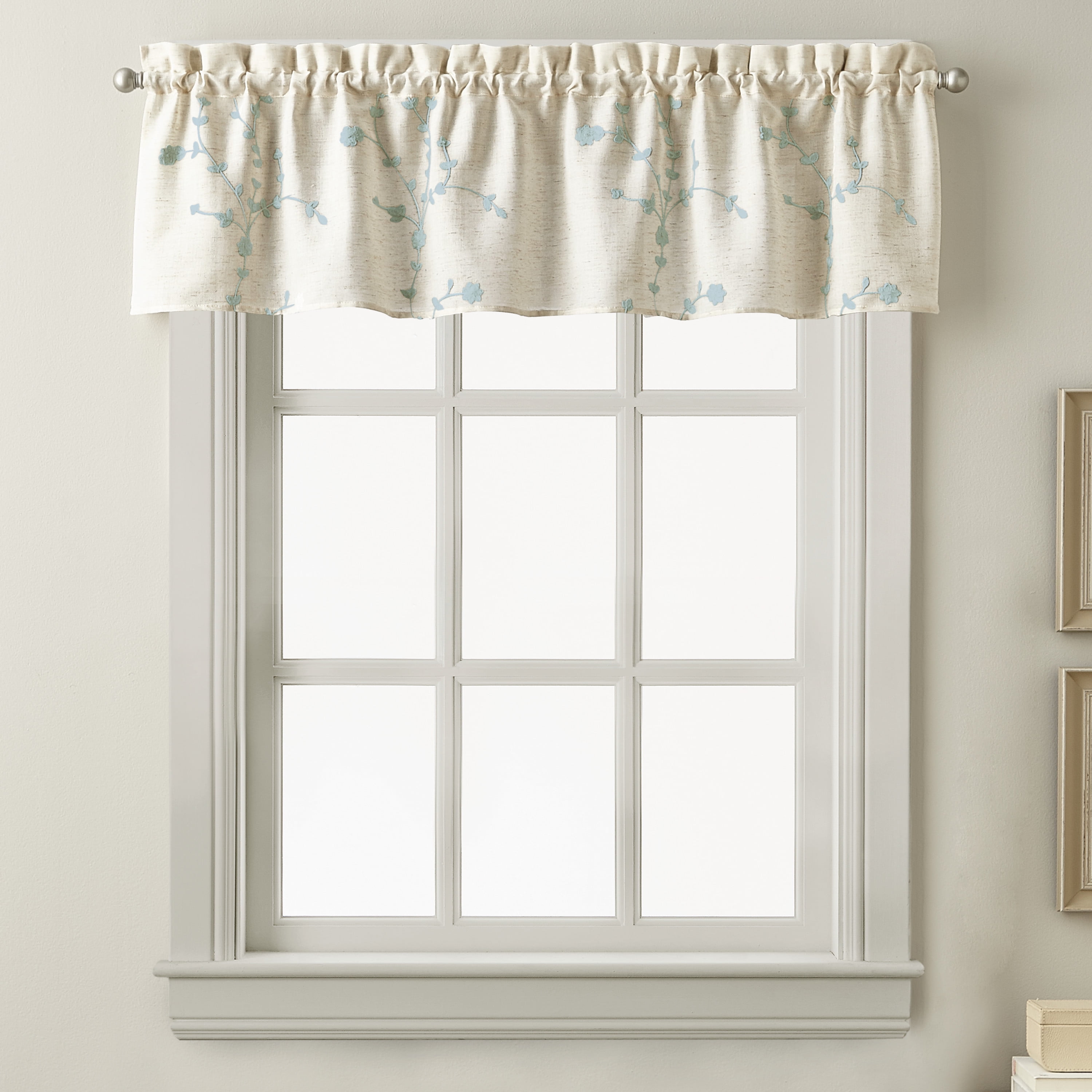 Aqua Floral Embroidered Linen Blend Rod Pocket Valance