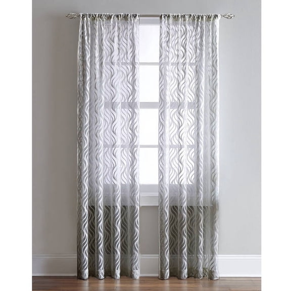 CHF Lyric Rod Pocket Sheer Curtain Panel, Knit Flame Ogee , Gray, Adult