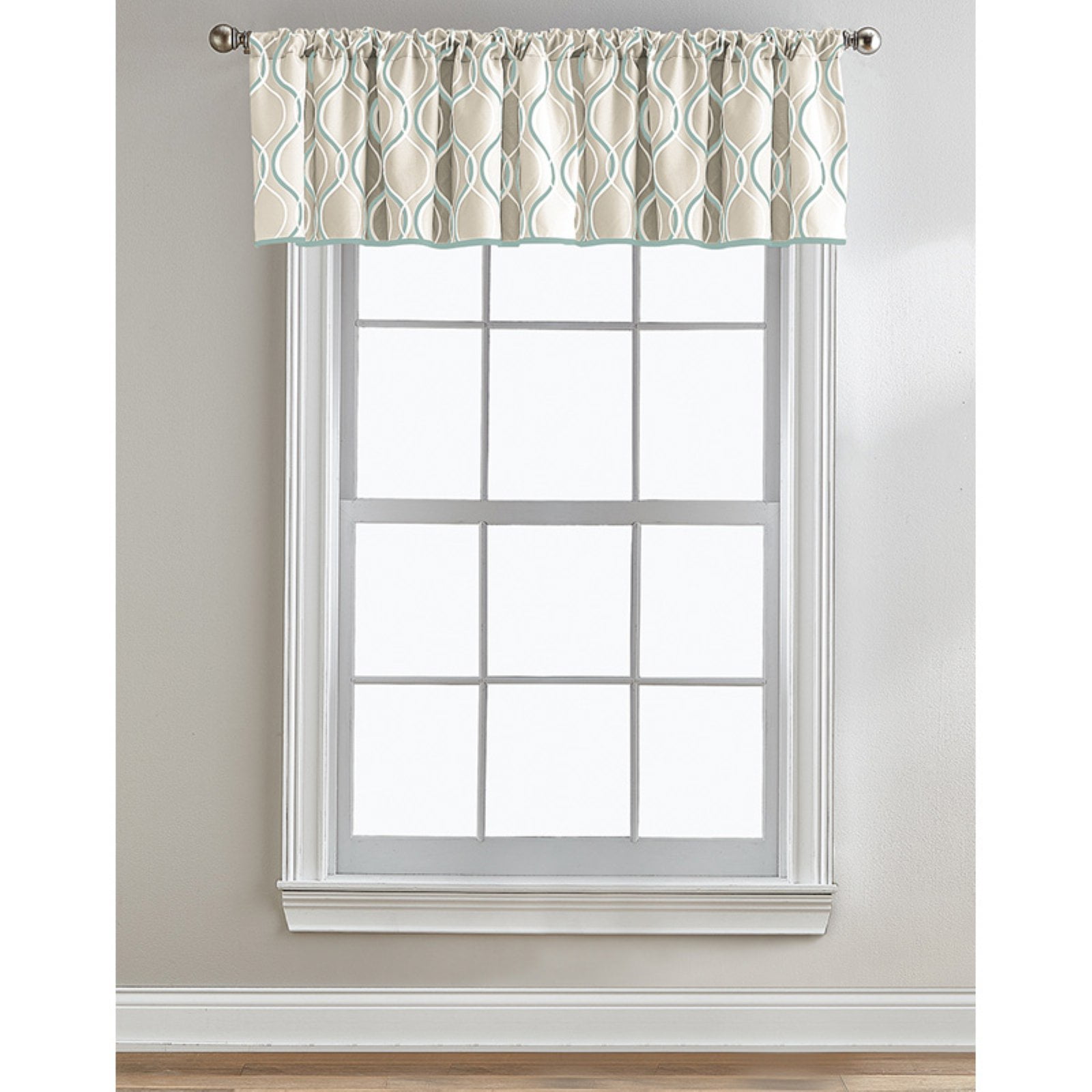 Aqua and Beige Ogee Print Rod Pocket Valance