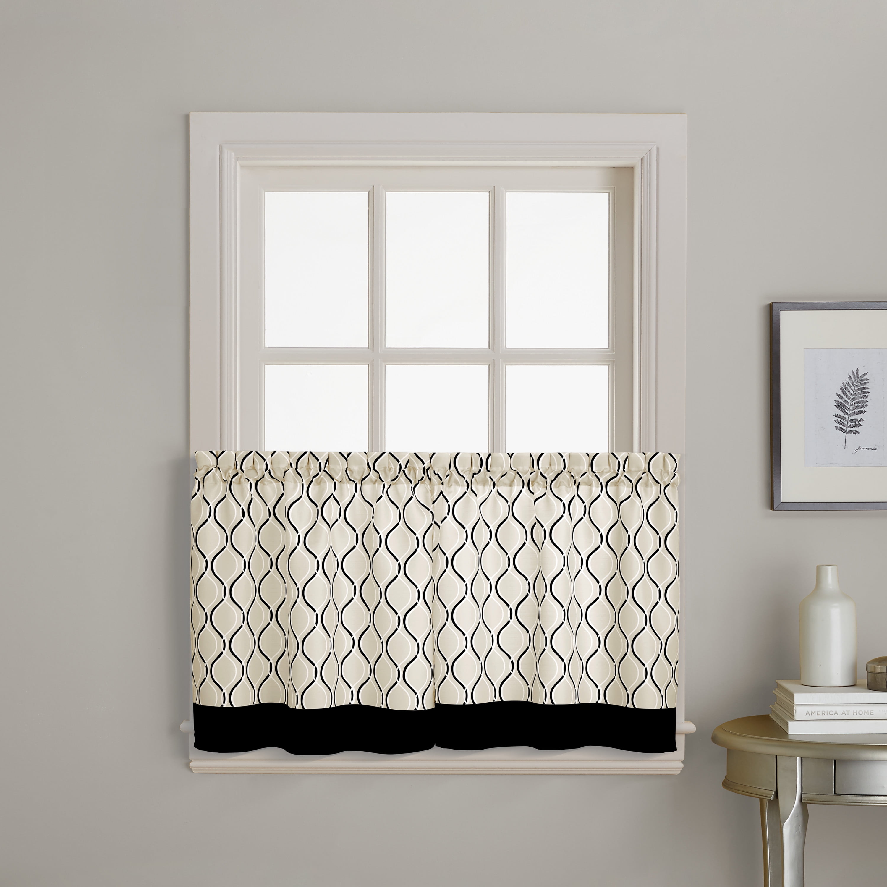 Black and Beige Polyester Light Filtering Kitchen Window Tier Pair