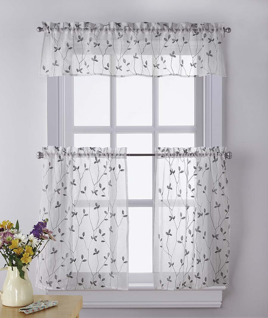 Gray Botanical Embroidery Light-Filtering Polyester Window Tier Curtains