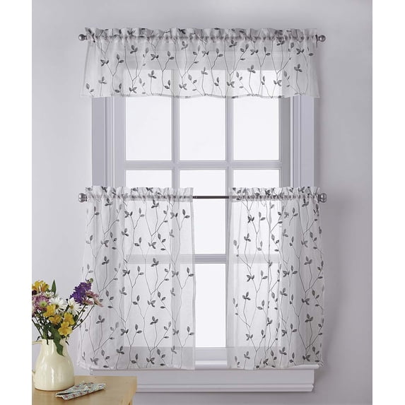 CHF Botanical Embroidery Tier Curtain Pair, Indoor Light Filtering, Rod Pocket, Polyester, Gray, 56"W x 36"L, Adult