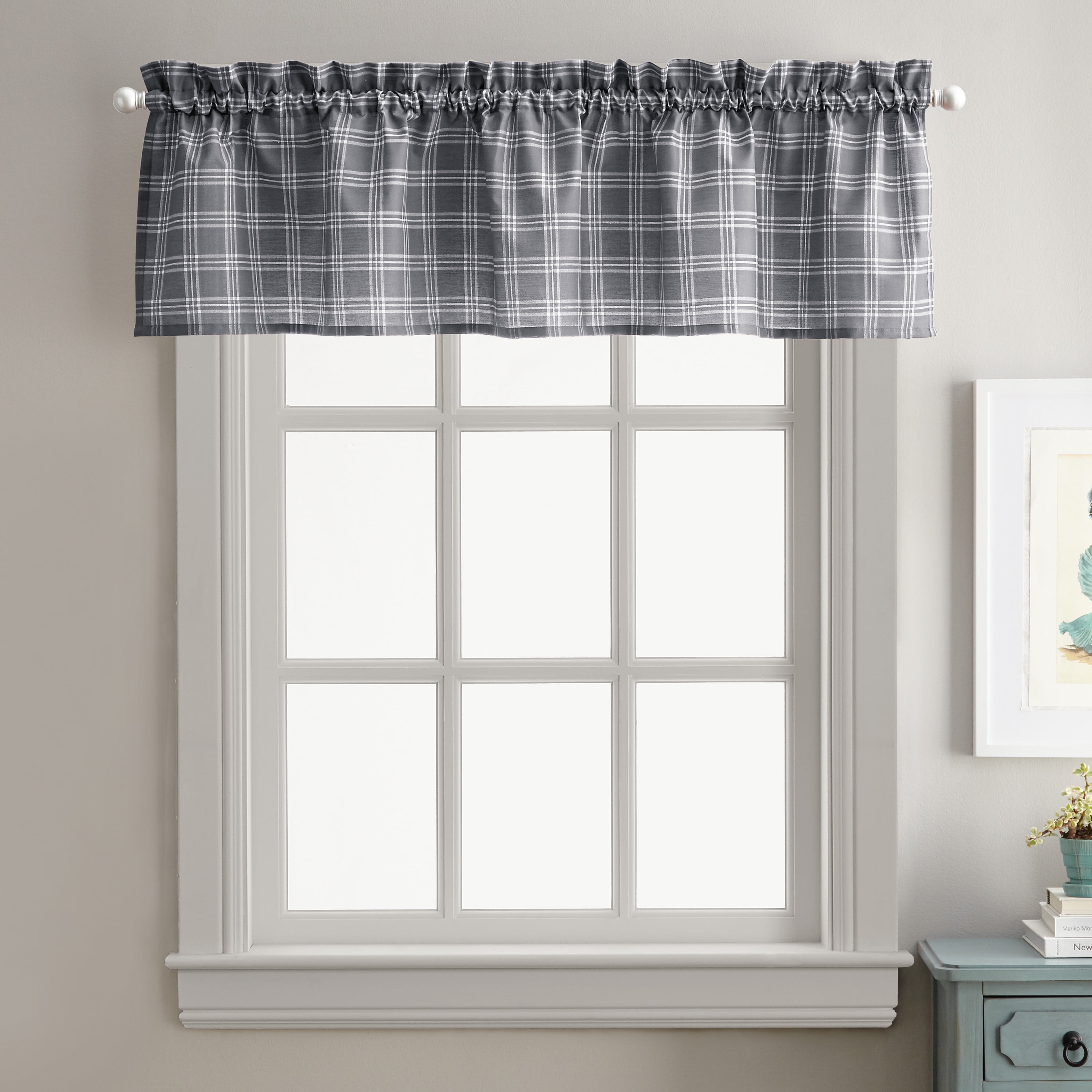Gray Plaid Polyester Rod Pocket Valance, 14" x 58"
