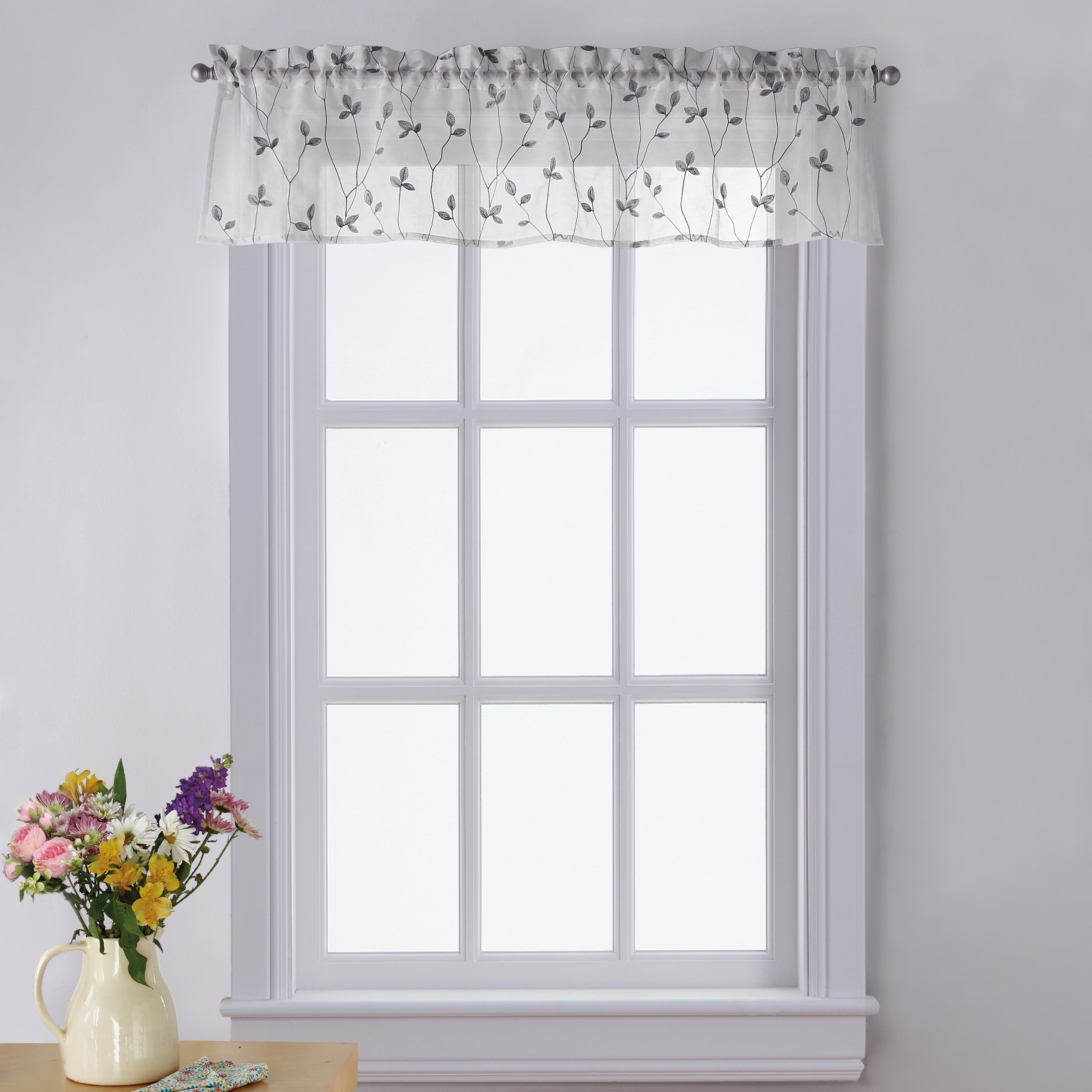 Gray Botanical Embroidery Rod Pocket Window Valance
