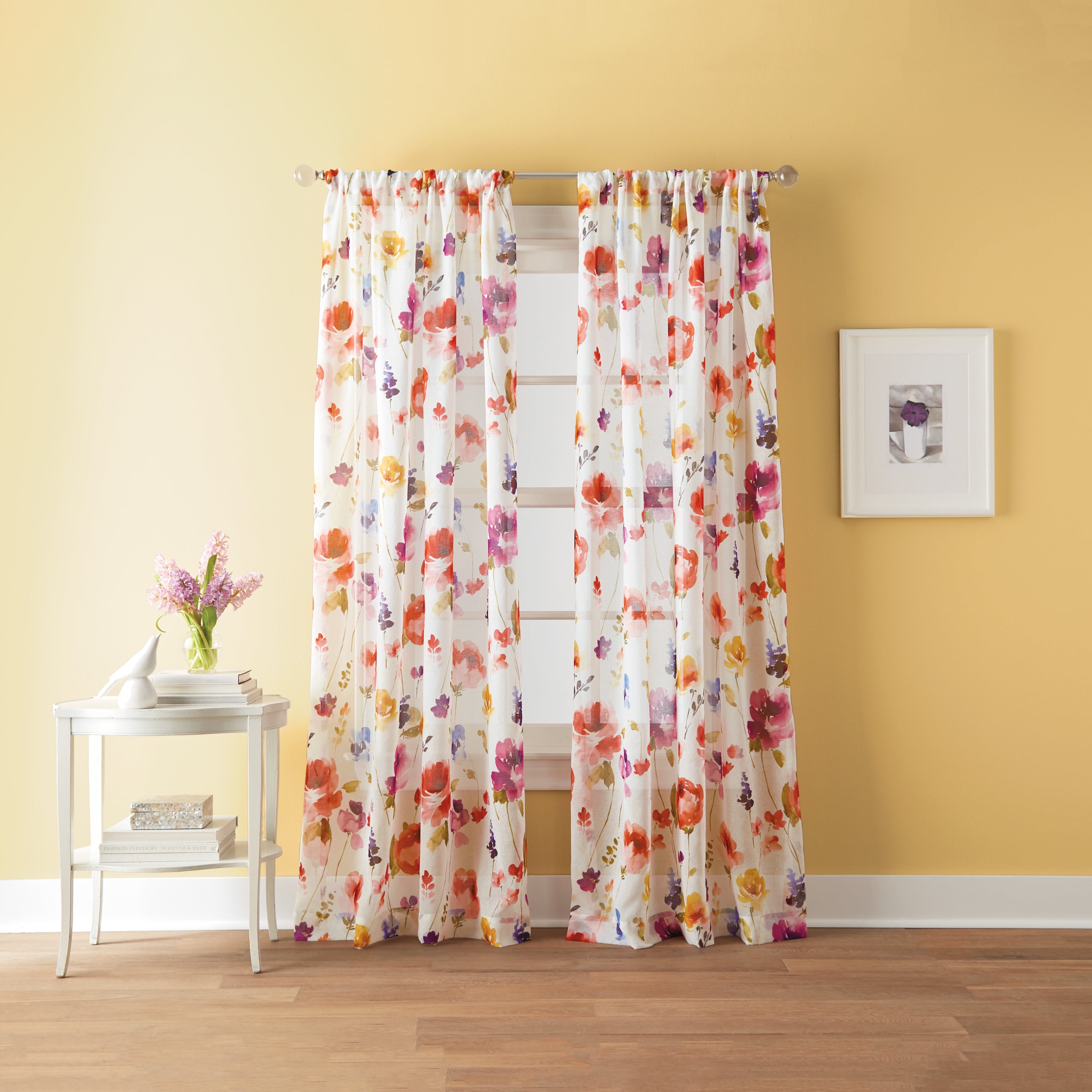 White Sheer Watercolor Floral Rod Pocket Curtain Panel, 50" x 63"