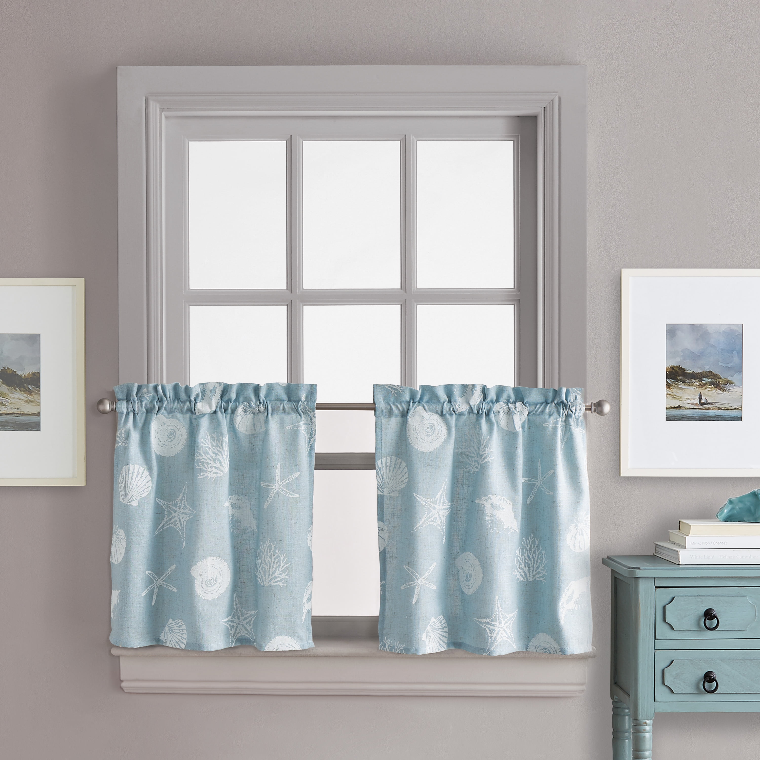 CHF Seashells 36" Tier Curtain, Pair, Printed, Aqua, Adult