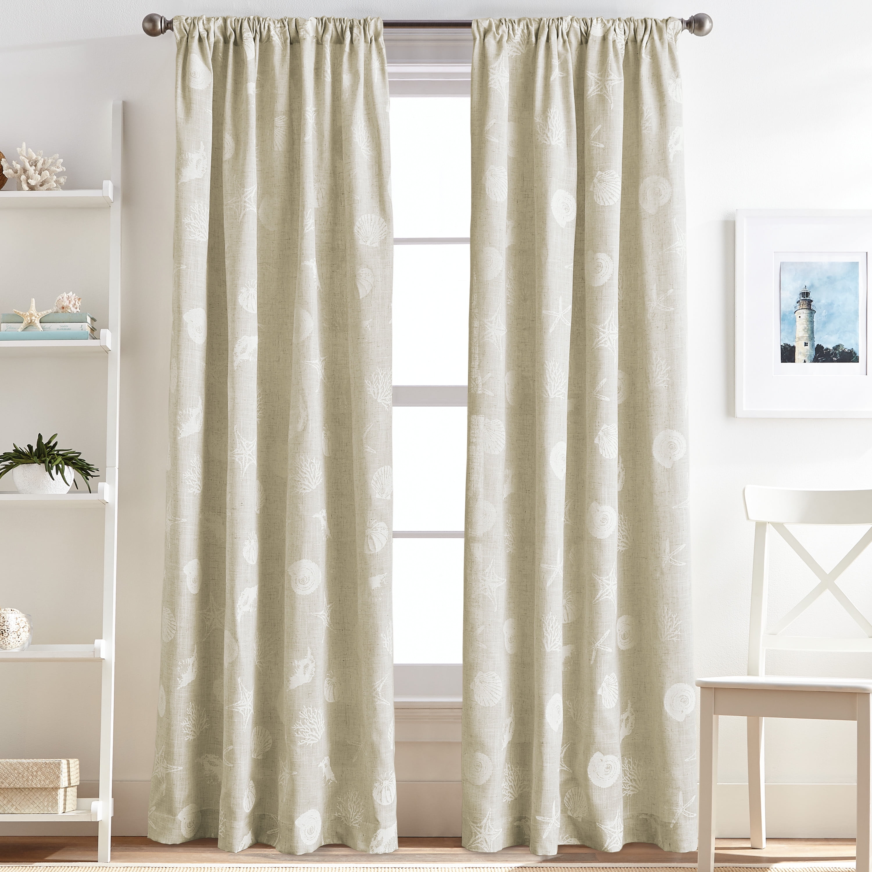 Linen Coastal Seashells Rod Pocket Window Curtain Panel Pair