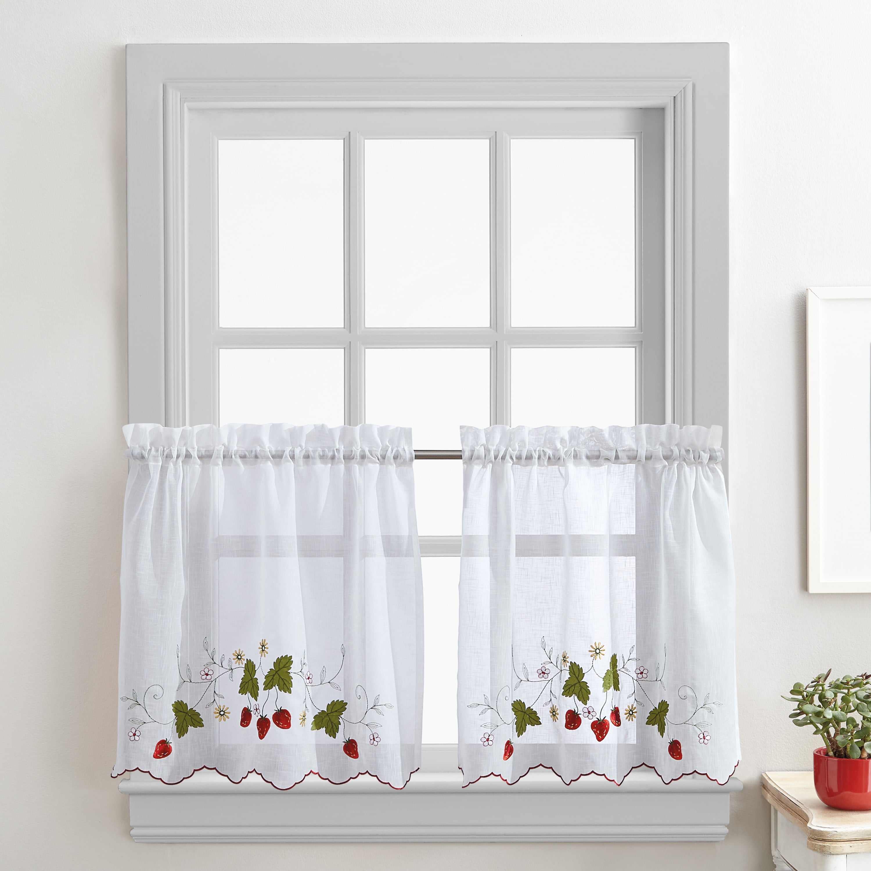 Strawberry Garden Red Floral Embroidered Tier Curtains