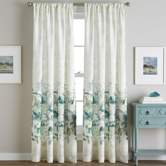 CHF Watecolor Floral Curtain, 100% Polyester, Light Filtering Single Panel Rod Pocket, Aqua, 50"x63"