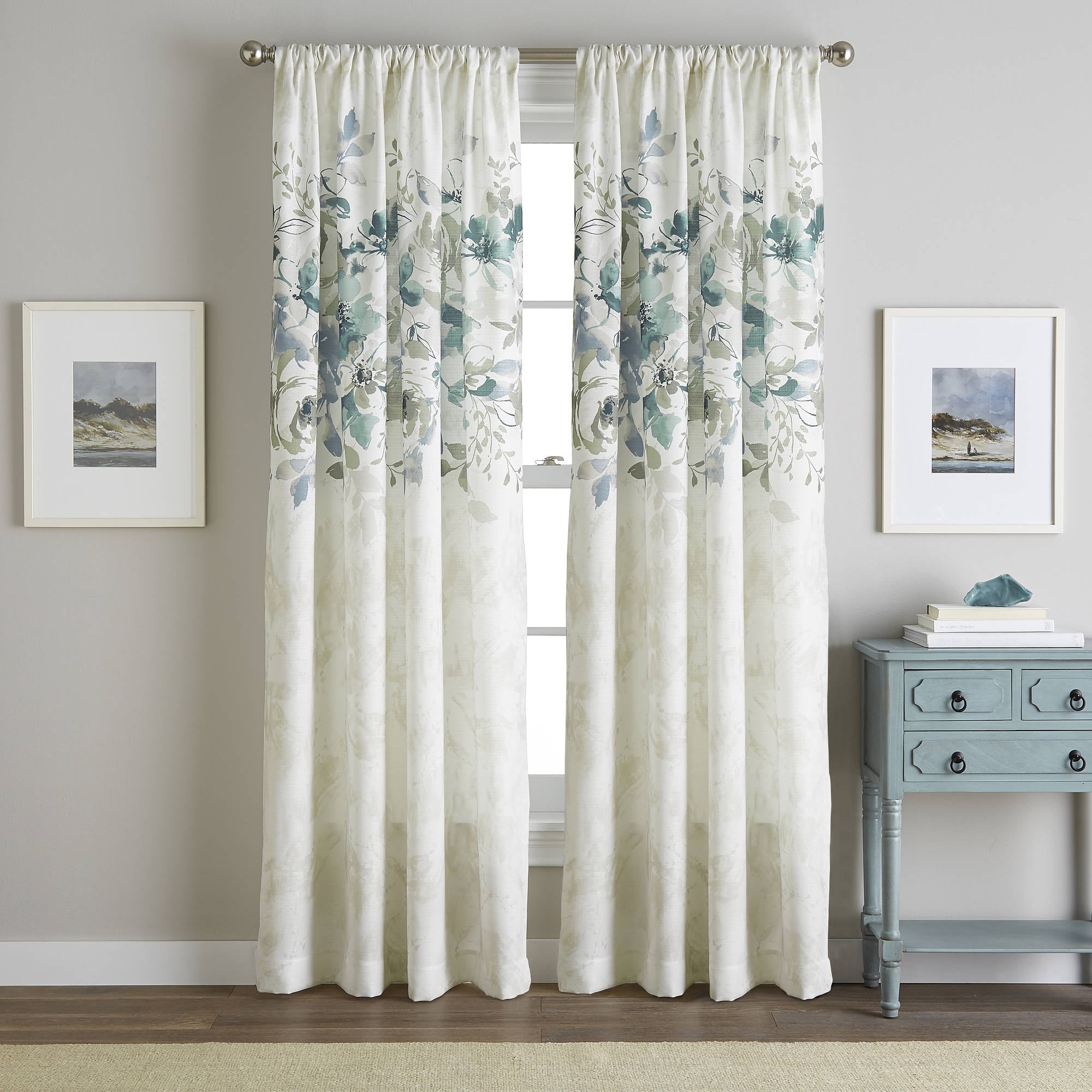 Aqua Floral Light-Filtering Polyester Rod Pocket Curtain Panel