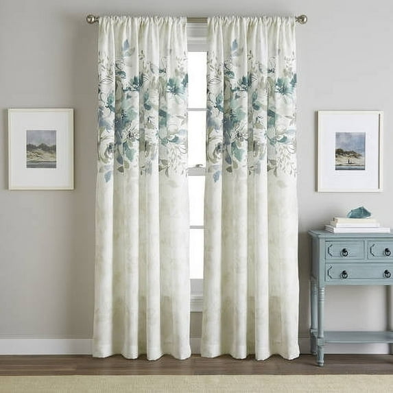 CHF Watecolor Floral Curtain Single Panel, Polyester, Indoor Light Filtering, Rod Pocket, Aqua , 50"W x 95"L, Adult