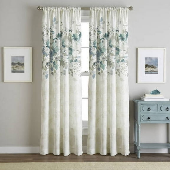 CHF Watecolor Floral Curtain Single Panel, Polyester, Indoor Light Filtering, Rod Pocket, Aqua , 50"W x 95"L, Adult