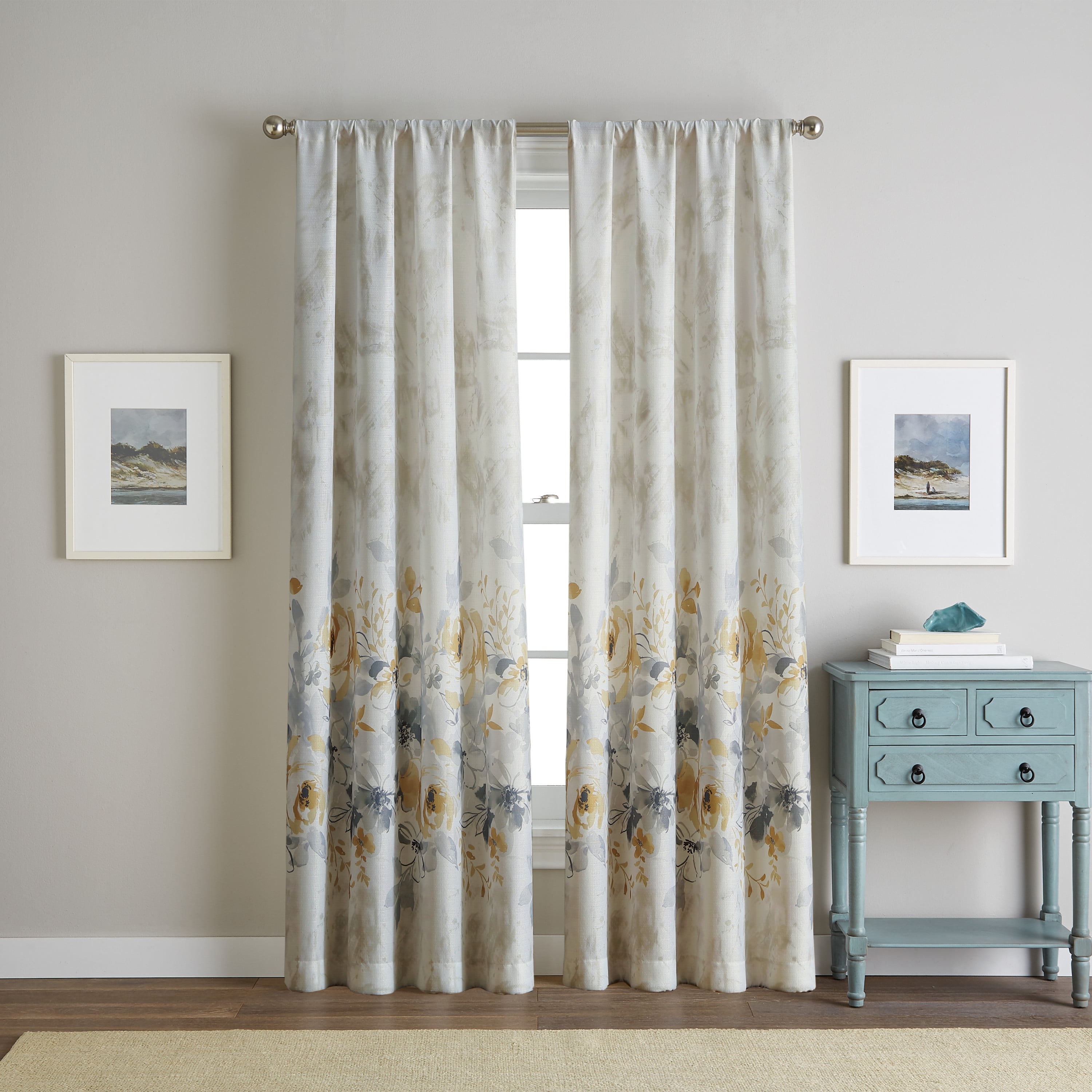 Gold Watercolor Floral Light-Filtering Polyester Curtain Panel, 50" x 95"