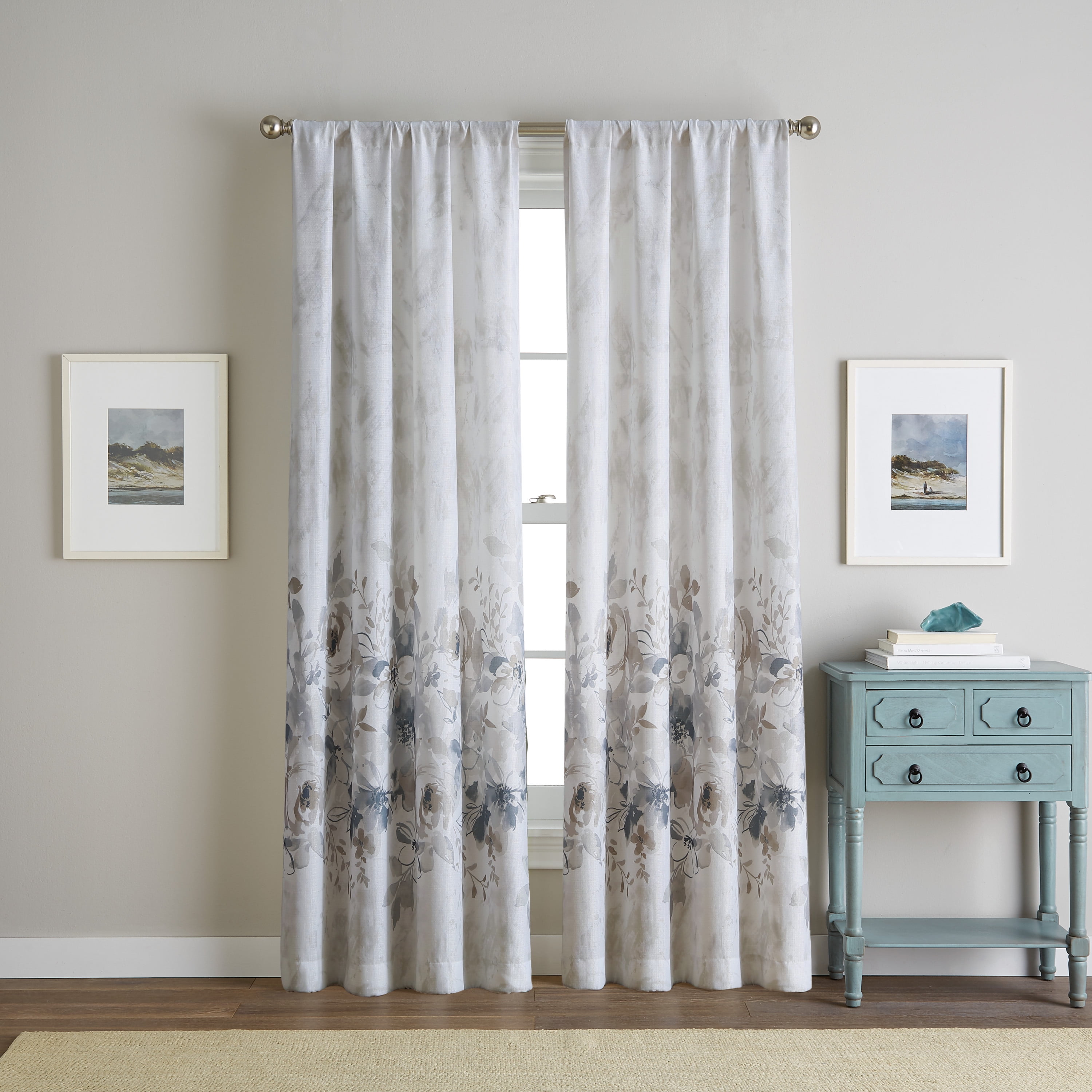 Natural Floral Watercolor Light-Filtering Polyester Curtain Panel 50" x 84"