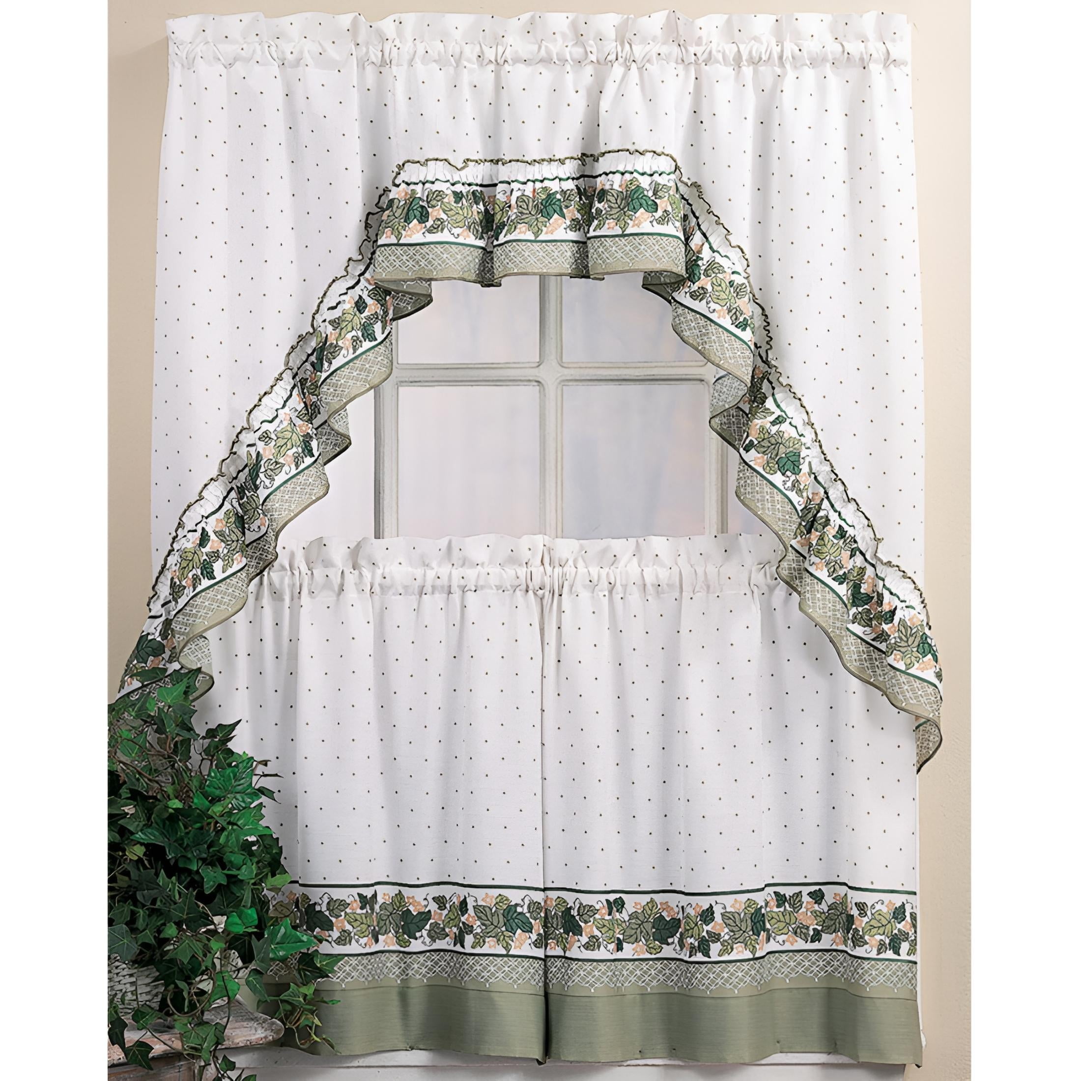 White Cotton Polyester Sheer Lace Rod Pocket Kitchen Curtains