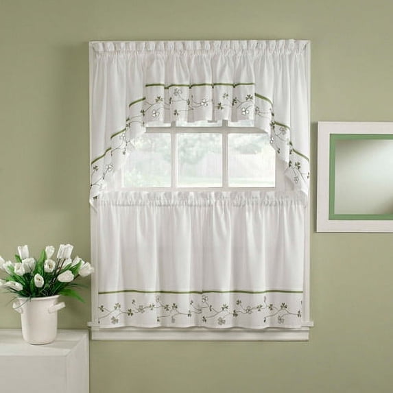 CHF And You Clover Tailored Kitchen Tier Curtains Set of 2, Indoor, Embroidered, Polyester, Adult