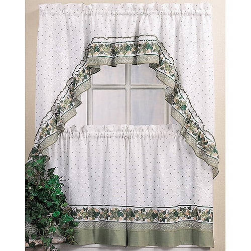 White Cotton Polyester Lace Kitchen Curtain Set