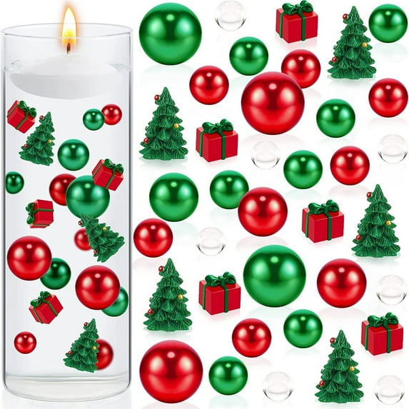 CHGBMOK 2106Pcs Christmas Vase Fillers Green Red Floating Faux Pearls Candles and Candy Water Beads Christmas Filler for Table Centerpieces Home Party Festival Decoration