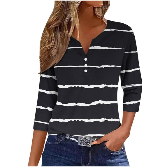 CHGBMOK 3/4 Sleeve T Shirts for Women Striped Button V Neck Blouses Casual Dressy Tops Loose Work Tunic